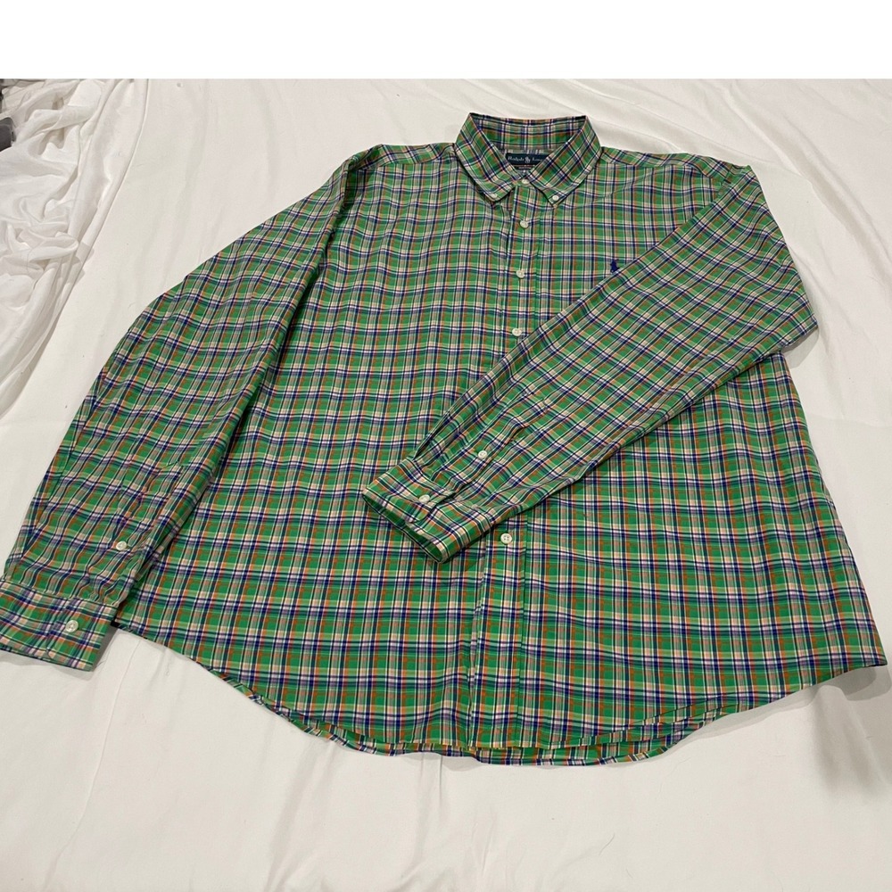 Ralph Lauren Mens Custom Fit Plaid Button Down Shirt Green Multi XL Long Sleeve